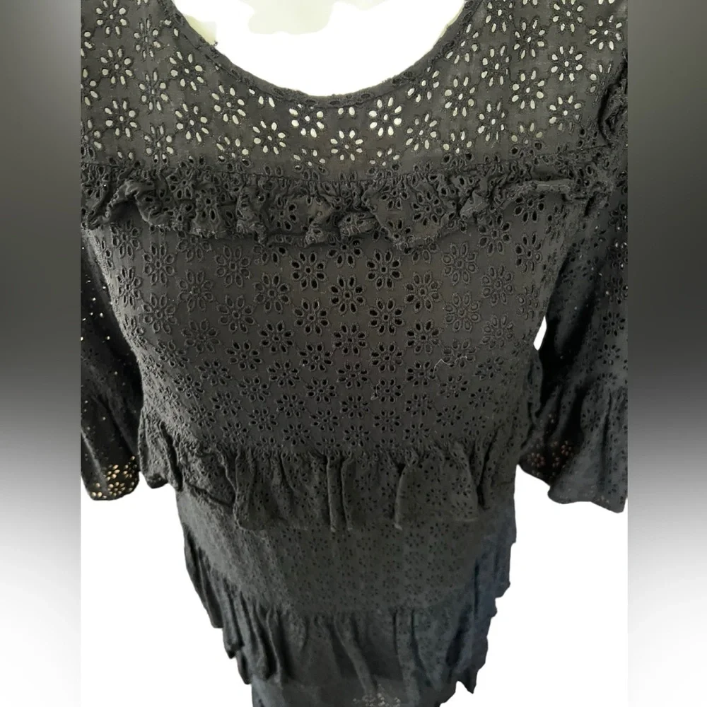 MADEWELL | Black‎ Eyelet Waterlily Ruffle Round Neck Tiered Mini Dress Size 6
